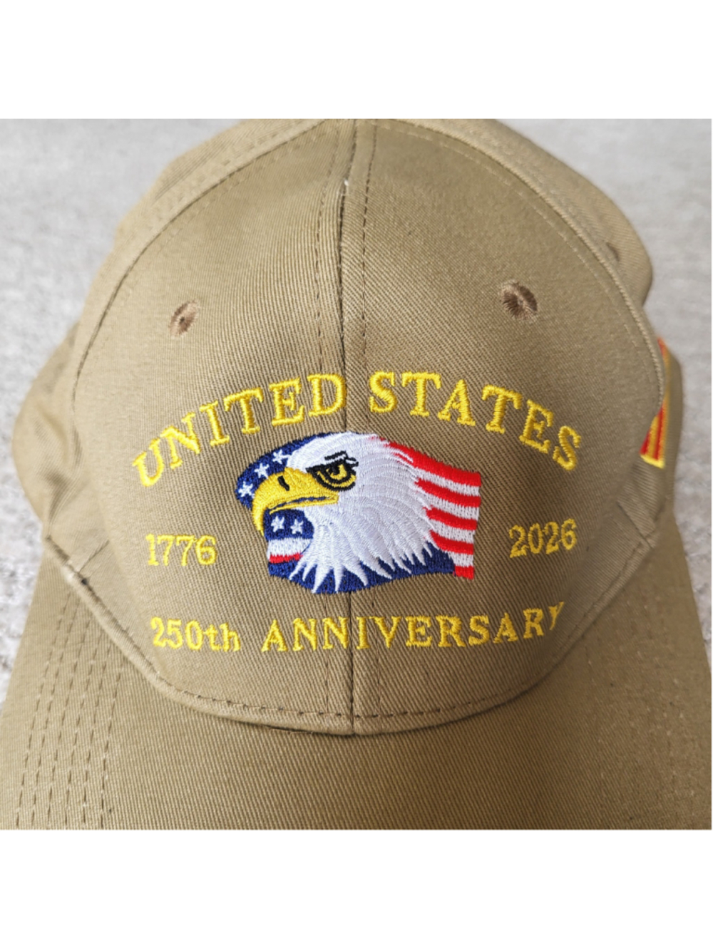 Men’s 250th Anniversary USA Hat – Patriotic Embroidered Baseball Cap – Khaki–NIP - Picture 9 of 11